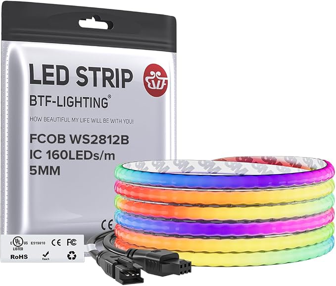 BTF-LIGHTING FCOB COB XGB1338(WS2812B) IC RGB 160LED/m 480IC LED Strip DC5V 9.8FT Individual Addressable Flexible High Density Uniform Light Dream Chasing Color 0.19in Width(NO Adapter or Controller)