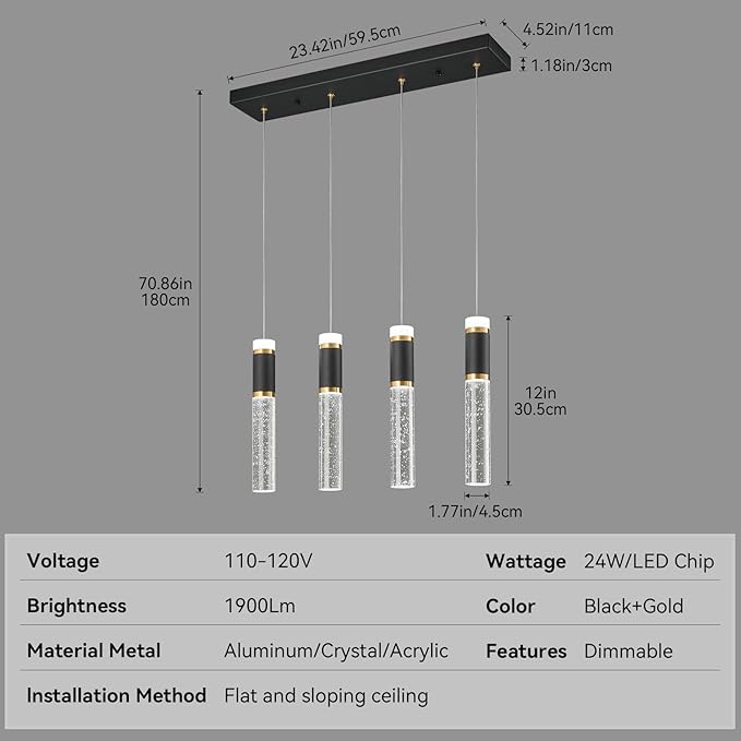 4-Light Pendant Light Fixture, Dimmable LED Kitchen Island Lighting with Bubble Crystal Shades, Modern Black Gold Metal for Dining Room, Foyer, Easy Installation