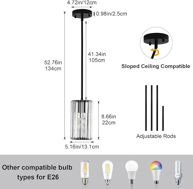 Modern Crystal Pendant Lights, Hanging Light Fixtures Mini Kitchen Island Pendant Lights Adjustable Crystal Chandelier Fixture for Island Dining Room Hallway Bedroom, Black 2-Pack