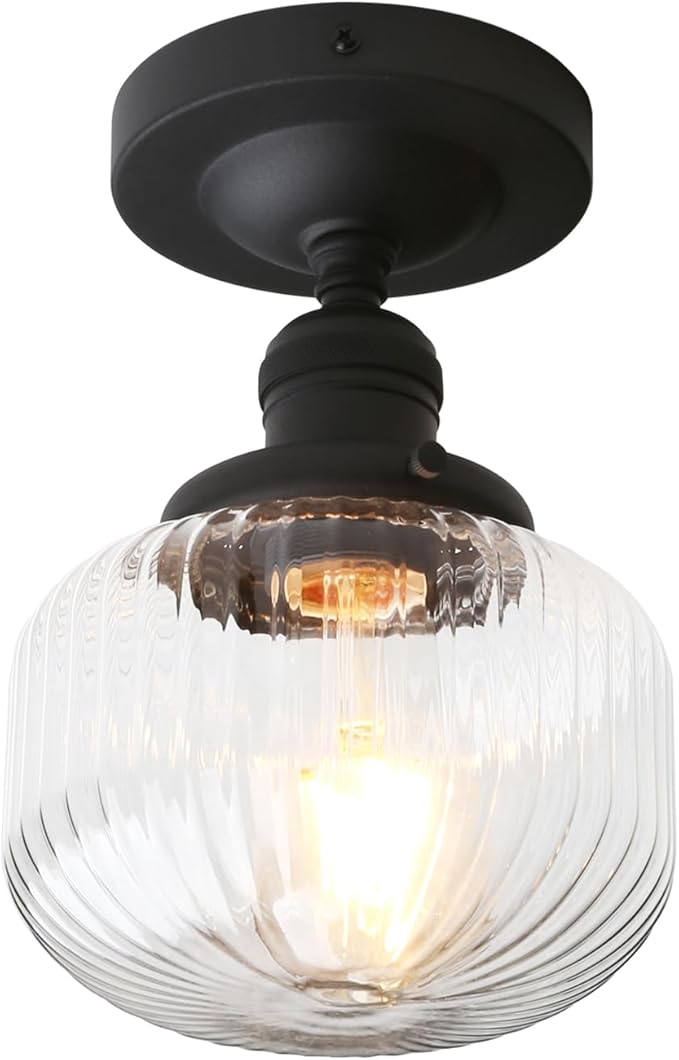 Industrial Semi Flush Mount Ceiling Light, Clear Striped Glass Pendant Shade Farmhouse Light Fixture, Close to Ceiling Light Fixture for Porch, Hallway, Entryway, Kitchen, Bedroom, Hotel