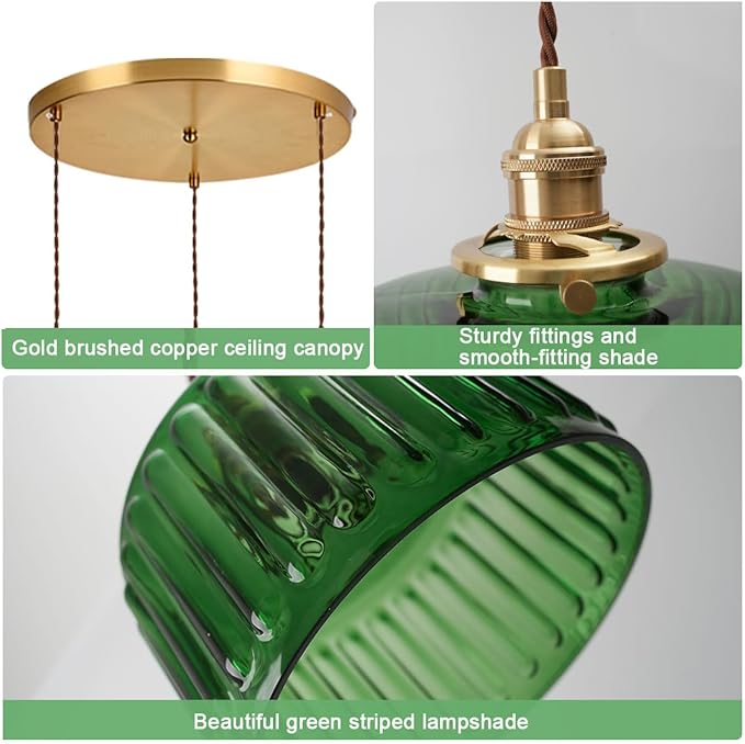 3-Light Modern Chandelier Pendant Light - Mid Century Sputnik Glass Globe With Green Striped Shade, Gold Adjustable Ceiling Lamp for Dining Room