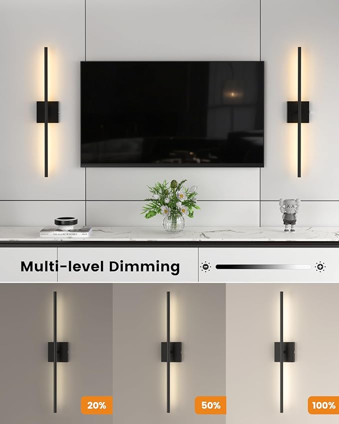 VOLISUN Battery Operated Wall Sconces Set of Two, Rechargeable Wall Sconces with Remote, 3000K-6500K Dimmable Battery Wall Sconce Decor, 27.6'' Wireless Wall Lights for Bedroom, Living Room(Black)