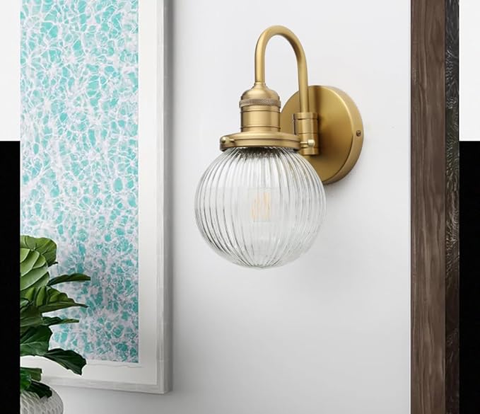 Industrial Vintage 1-Light Wall Sconce with 5.9" Round Ribbed Clear Glass Globe Lampshade, U-Shaped Indoor Wall Mounted Lamp Fixture for Bedroom Living Room Bathroom Vanity