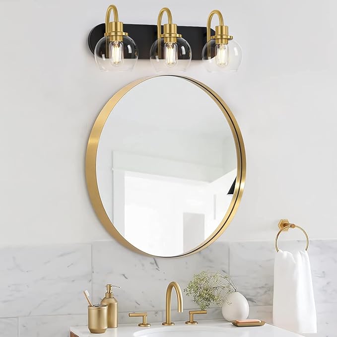 Dpyrrhic Modern 3-Light Vanity Light, Bathroom Lighting Fixture Over Mirror With Clear Glass Shade and Metal Base, Wall Sconces in Matte Black and Gold