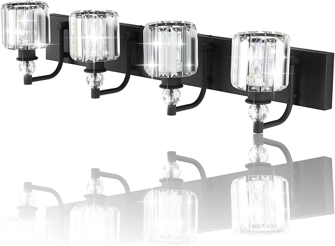Ralbay Black Crystal Vanity Light Fixtures 4 Light Crystal Bathroom Vanity Lights Fixtures Over Mirror Modern Matte Black Bath Wall Lights