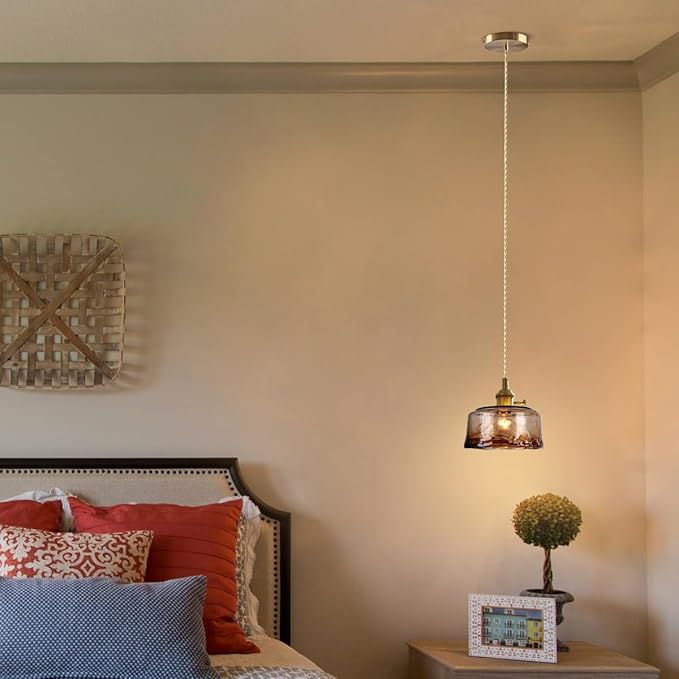 Glass Pendant Lights Kitchen Island Dimmable Mini Pendant Lighting Amber Glass Lampshade for Bedside Dining Room Foyer, Brass