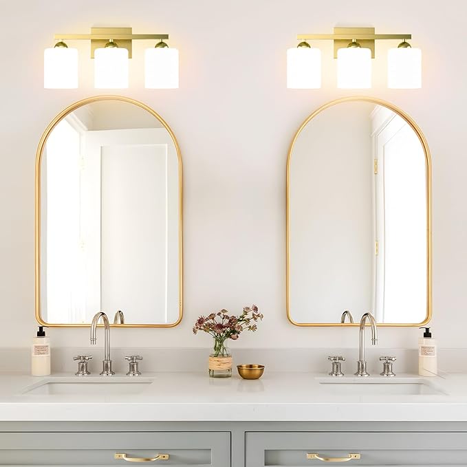 Quntis Gold Bathroom Light Fixtures Over Mirror 5 Colors Adjustable, 3-Light LED Bathroom Vanity Lighting with Milky White Frosted Glass Shade, Energy-Saving LED Vanity Light 18.9 inch