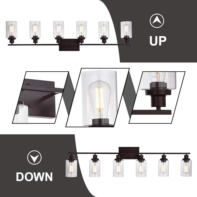 MELUCEE 6-Light Bathroom Vanity Light Fixture Vintage Industrial Oil Rubbed Bronze Wall Sconce Lighting with Clear Glass Shade for Living Room Bedroom Kitchen (Patent No.: US D963914 S)
