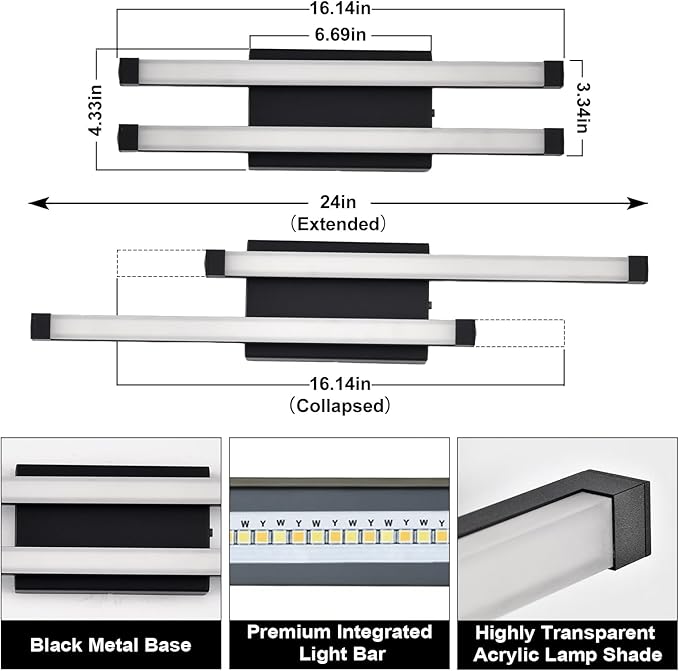 Bathroom Vanity Light Bar, 24 Inch Modern Black LED Vanity Light, 18W 3 CCT 3000K 4000K 6000K Dimmable Hardwired Bathroom Light Fixtures Over Mirror for Bathroom, Hallway, Powder Room, Washroom