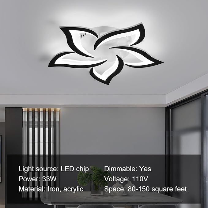 JAYMP 25.6" Flower Shaped Ceiling Light Dimmable Modern Ceiling Lamp Remote Control LED Lighting Fixture for Bedroom Dining Room Kitchen (Black/5 Petals)