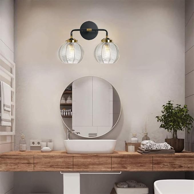 2 Light Bathroom Vanity Light Clear Glass Globe Wall Sconce Lights Black Wall Mount Light with Ribbed Glass Shade, Mid Century Modern Wall Sconce for Over Mirror Bedroom Hallway