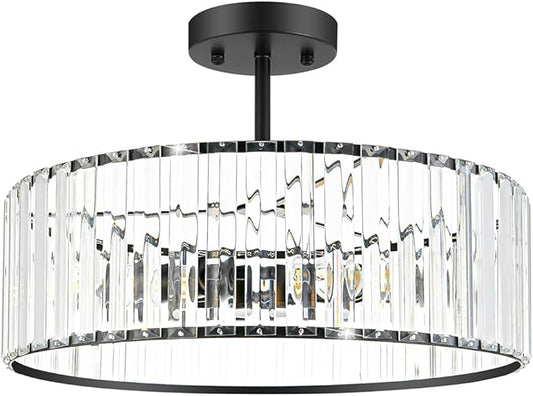 Modern Crystal Ceiling Light Fixture, Semi Flush Mount Ceiling Light, Matte Black Hallway Lighting Fixtures Chandelier, Crystal Chandelier for Kitchen Bedroom Dining Room Closet, 5-Light, 16 Inch