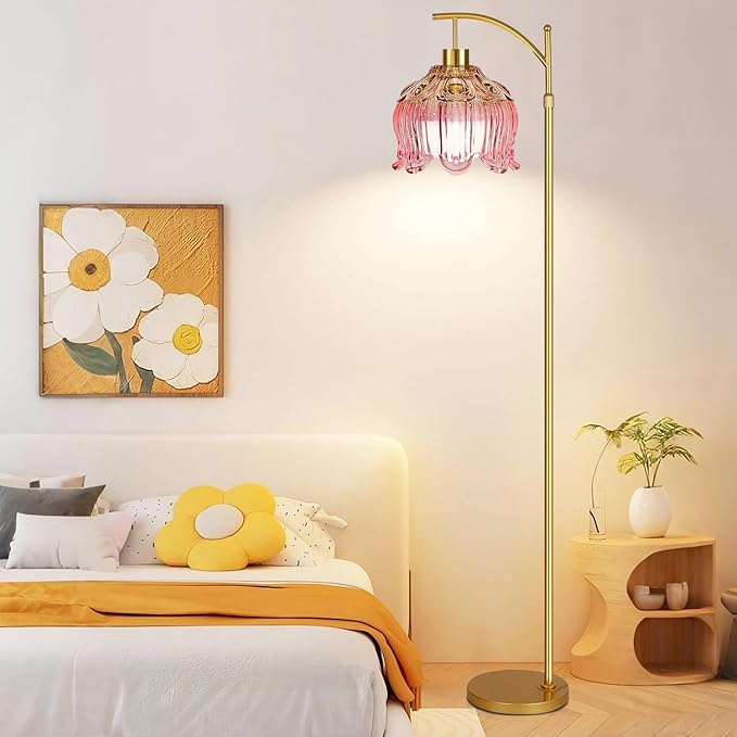 QIYIZM Pink Floor Lamp for Living Room,Bedroom,Gold Dimmable Standing Lamp with Remote,Mid Century Modern Brass Tall Lamp Boho Floor Lamps Arc Stained Glass Flower Floor Light Lamp Girls kids Bohemian