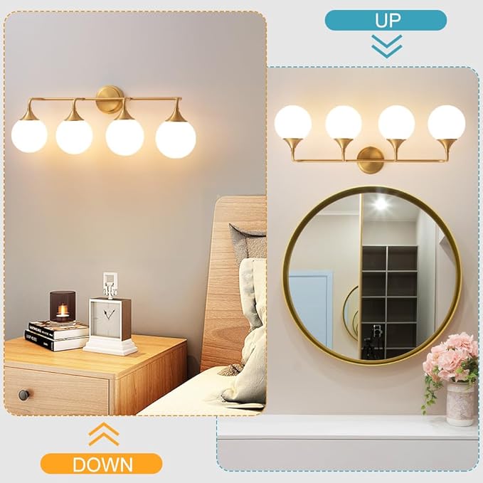 Gold Bathroom Light Fixtures, Modern Vanity Lights Over Mirror, Brushed Brass Wall Sconce Lighting 4-Light with Milky White Glass Ball Shades