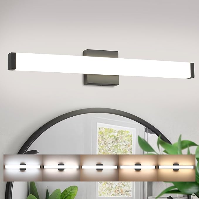 Bathroom Vanity Light Brushed Nickel Square LED 24 inch 14W 4000K Natural White Light Wall Bar Lighting Fixtures Over Mirror (Matte Black, 24 inch 5CCTDimmable)