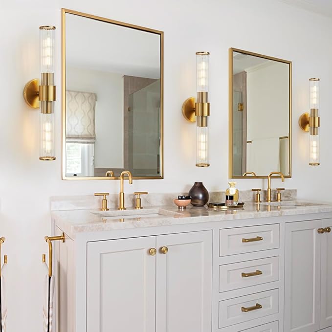 Bathroom Light Fixtures, Gold Wall Sconce in Threaded Glass Indoor Wall Sconces, Modern Bathroom Vanity Light Up and Down Sconces Wall Lighting for Living Room, Hallway - Bulb Not Included