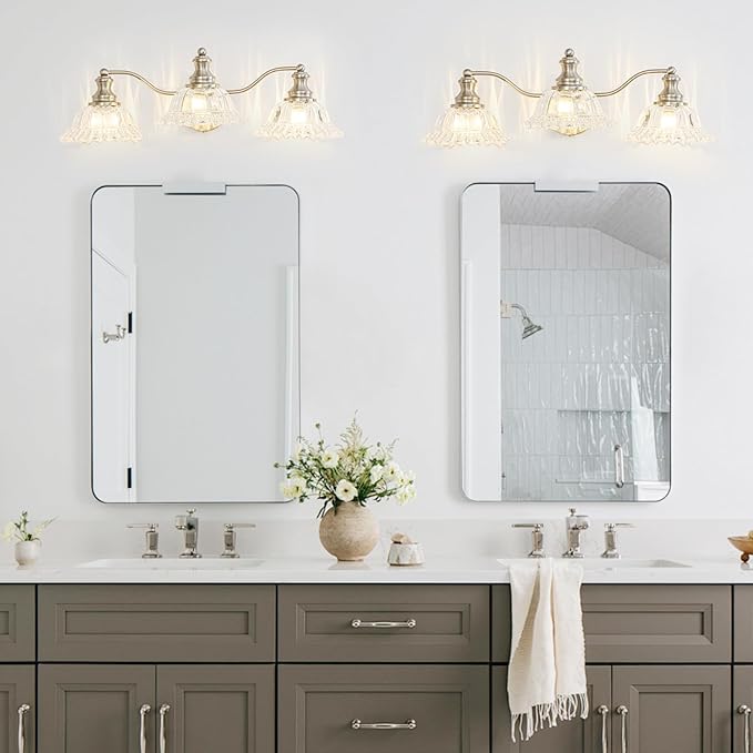 Brushed Nickel Bathroom Light Fixtures Over Mirror, 3 Light Vintage Bathroom Vanity Light Fixture with Clear Flower Glass Shades, Retro Vanity Lights for Bathroom, Bathroom Vanity Lights Over Mirror