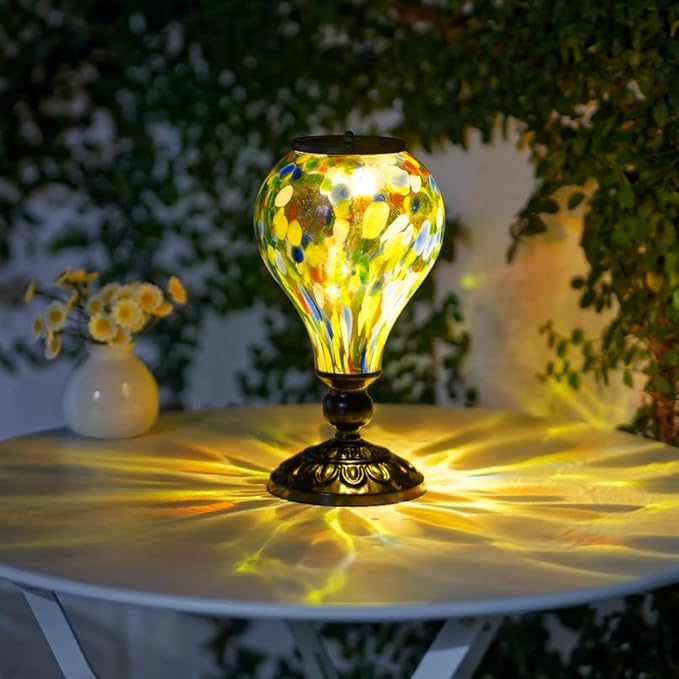 Outdoor Solar Lantern Waterproof Glass Table Lamp 9.8" H Hot Air Balloon Solar Lanterns Led Garden Lights for Patio Desk Garden Yard Tabletop Decor Ideal Gifts(Colorful Spots)