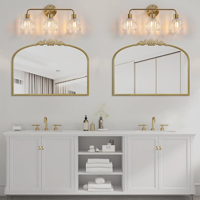 3-Light Gold Brass Bathroom Light Fixture with Clear Tulip Glass Shade,Wall Sconces,Vintage Vanlity Light Over Mirror,Bathroom Wall Light,E26 Socket(Bulbs Not Included)