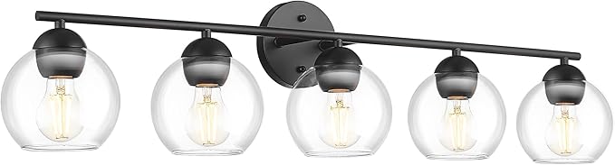 Emak 37 Inch Black Bathroom Light Fixtures Over Mirror, Modern 5-Light Vanity Lights with Clear Glass Shade, Farmhouse Globe Vanity Light for Bathroom, VL114-BK-CG-5