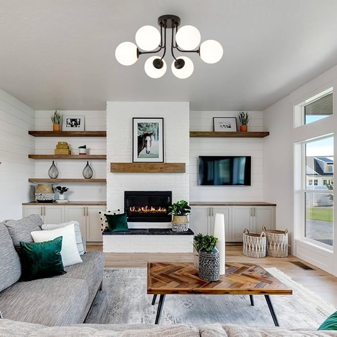 Modern Semi Flush Mount Ceiling Light,Black White Glass Shade Semi Ceiling Light 6-Light,Sputnik Chandeliers for Bedroom Living Room Hallway Dining Room Lighting Fixture