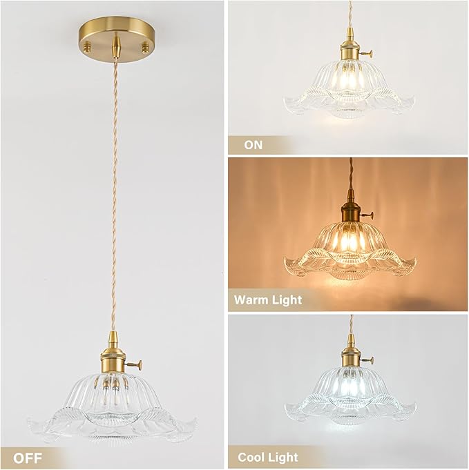 Vintage Pendant Lights Kitchen Island 2 Pack, Adjustable Pendant Light Fixtures with Transparent Lily Glass Lampshade, Gold Kitchen Pendant Lighting Over Island, Pendant Light for Dining Room Hallway