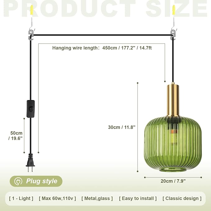 Plug in Glass Pendant Light 1-Light Gold Industrial Light with 14.7FT Black Cord Mid-Century Modern Pendant Lamp for Kitchen Sink Living Room Bedroom, Indoor Green Glass Lamp