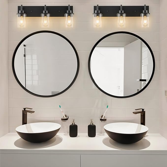 GoYeel Vanity Lighting Fixtures, Matte Black Bathroom Light Fixtures 3-Light Black Wall Sconce with Clear Glass Lampshade for Bedroom Hallway Living Room Kitchen