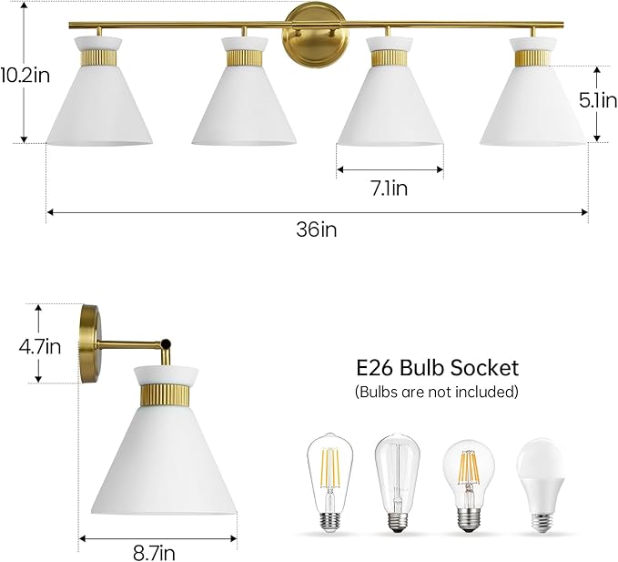 WOSHITU Bathroom Vanity Light Fixtures: 4 Bulb Mid Century Modern Vanity Lights for Bathroom, Brass Gold Wall Sconce Lighting with Frosted Milky Glass for Over Mirror Bath