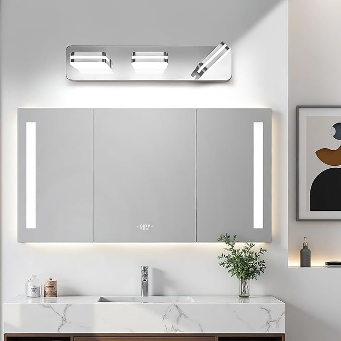 360° Rotate 3-Light LED Bathroom Vanity Light Fixtures, 1300LM Acrylic Chrome Vanity Lights for Bathroom, Modern Wall Lighting Fixtures Over Mirror Kitchen Living Room (Natural White Light 5000K)