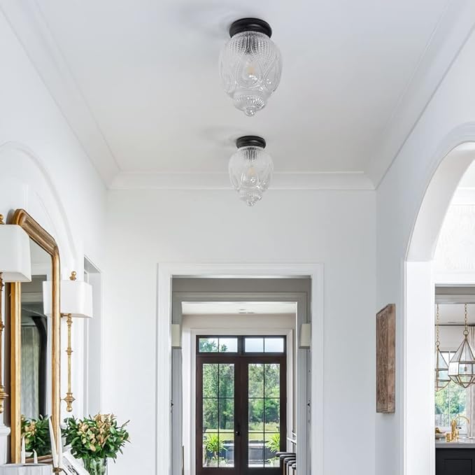 Vintage Semi Flush Mount Ceiling Light, Matte Black Hallway Lights Fixture with Clear Glass, Globe Ceiling Light Fixtures, Small Flush Mount Globe Light for Porch Corridor Bedroom