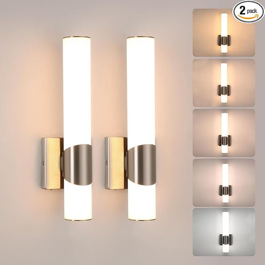 Wall Sconces Set of Two Brushed Nickel 5CCT Dimmable Bathroom Sconce with Acrylic Shade LED Hardwired Wall Light Fixtures for Bathroom Living Room Bedroom Hallway, 2 Packs