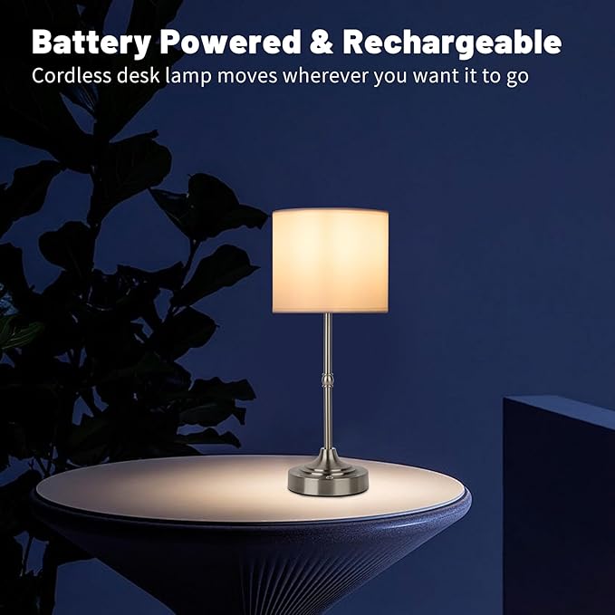 Rechargeable Cordless LED Table Lamp Fabric Shade Desk Lamp, 3-Level Dimmable Touch Control, 5200mAh, Patio Table Lamp, Bedside Night Lamp, Ambient Light for Restaurant.(Silver)