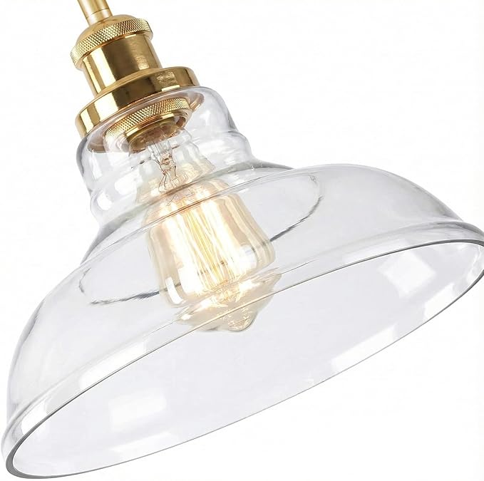 GLADFRESIT 3 Packs Industrial Pendant Lights, Vintage Hanging Light Over Table, Clear Dome Glass Lampshade, Golden Lamp Head and Base, Adjustable Hanging Height Lighting Fixtures.