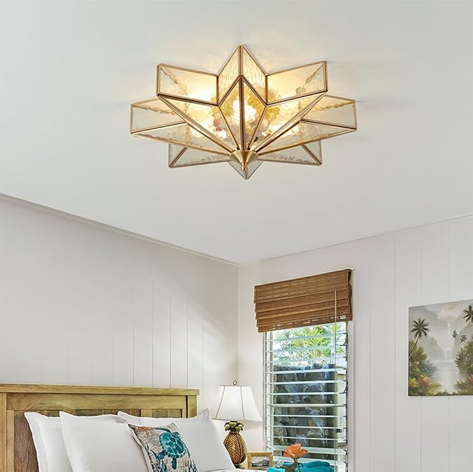 Brass Flush Mount Ceiling Light with Ceramic Light Socket, Star Shaped Ceiling Light Fixture, Mid Century Glass Ceiling Mount Lamp for Entryway, Foyer, Bedroom (Rippled Glass, 19.7")