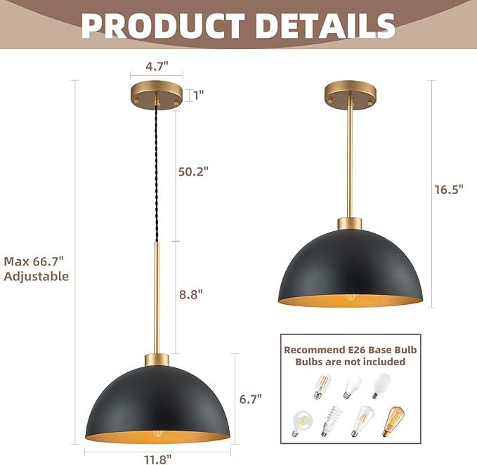12 Inch Black and Gold Dome Pendant Light, Farmhouse Kitchen Island Lighting, Industrial Light Fixture for Dining Room Entryway Hallway, Height Adjustable