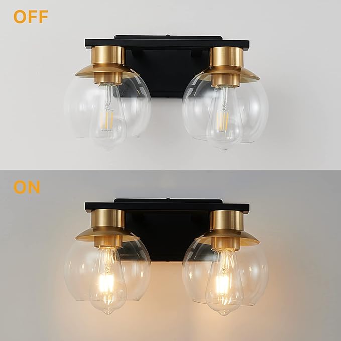PAZALA 2 Light Vanity Lights, Black Gold Bathroom Wall Sconce Light with Globe Glass Shade, Bathroom Light Fixture Over Mirror for Bedroom, Living Room, Hallway (E26 Base)