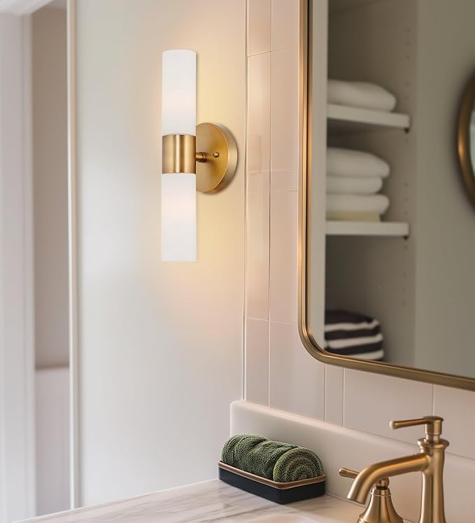 Kira Home Duo 14" Modern Wall Sconce with Frosted Glass Cylinder Shades, Linear 2-Light Wall Light, Warm Brass Finish