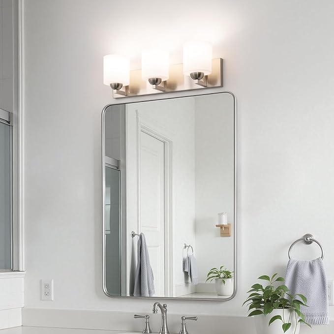 mirrea 22-inch 3-Light Brushed Nickel Vanity Light Fixture for Mirror, Bathroom Wall Sconce with Frosted White Glass Shades