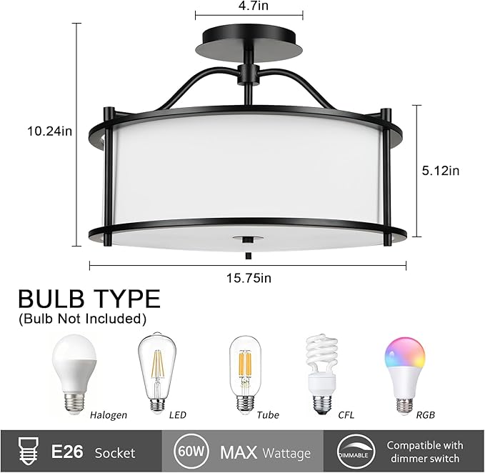 FRIDEKO HOME Semi Flush Mount Ceiling Light - 15.7 Inch Fixture with Metal Frame Fabric Shade for Living Room, Bedroom, Kitchen, Dining Room, Entryway, Hallway
