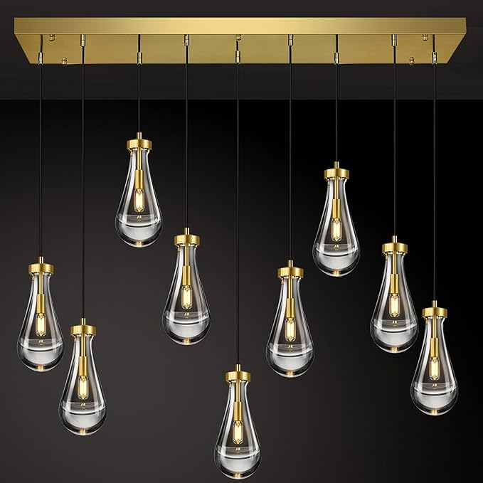 Modern Raindrop Pendant Lights Kitchen Island Teardrop Gold Hanging Light Fixture Clear Solid Glass Chandeliers Crystal Pendant Light for Porch Living Room Dining Room(Long Plate-9 Lights)