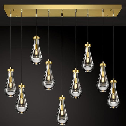 Modern Raindrop Pendant Lights Kitchen Island Teardrop Gold Hanging Light Fixture Clear Solid Glass Chandeliers Crystal Pendant Light for Porch Living Room Dining Room(Long Plate-9 Lights)