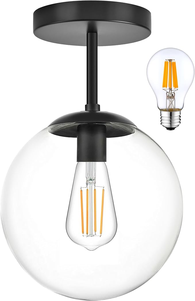 Globe Semi Flush Mount Ceiling Light Clear Glass Globe Ceiling Light Matte Black Finish Contemporary Mid Century Modern Style Lighting Fixture Hallway Living Room Kitchen Bedroom Storage (Bulb Incl.)