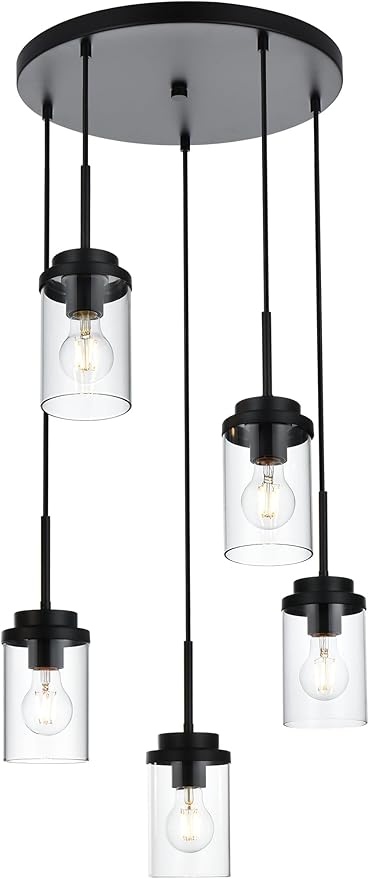 MELUCEE 5-Light Pendant Light Fixtures Ceiling Hanging Cluster Chandelier Black with Clear Glass Shade, Modern Pendant Lighting for Kitchen Island Dining Room Living Room