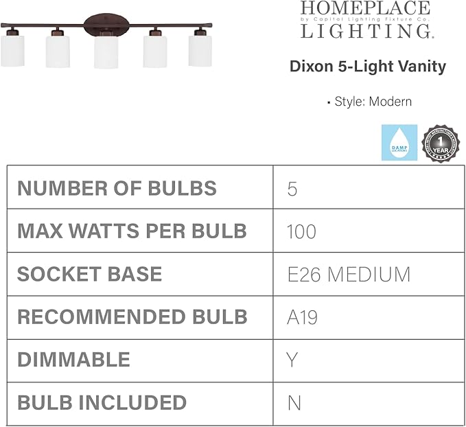 HomePlace Lighting 115251BZ-338 Dixon Modern Soft White Glass Bathroom Vanity Wall Light, 5-Light 500 Total Watts, 9" H x 37" W, Bronze