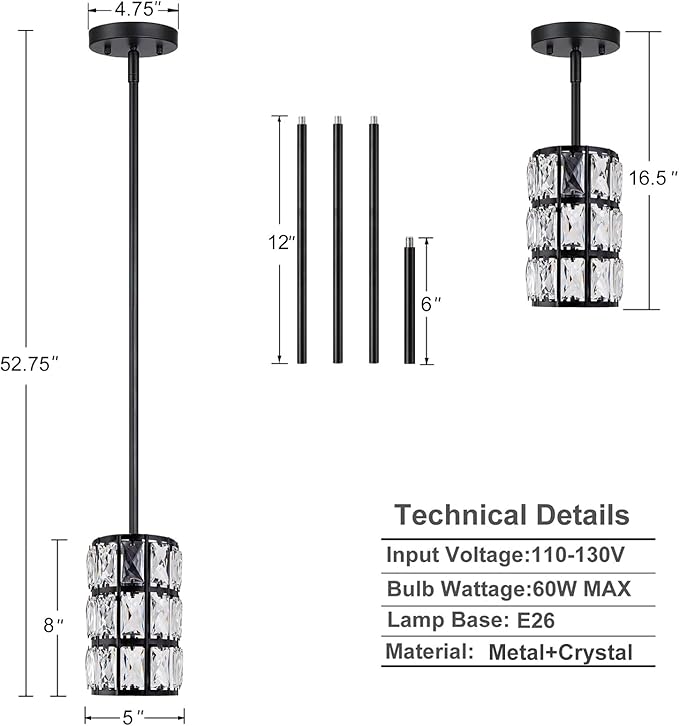 Black Crystal Pendant Light, 2Pack Modern Pendant Lights, Mini Crystal Chandelier Adjustable Hanging Ceiling Light Fixtures for Kitchen Island Dining Room Bedroom Hallway Bar Entryway