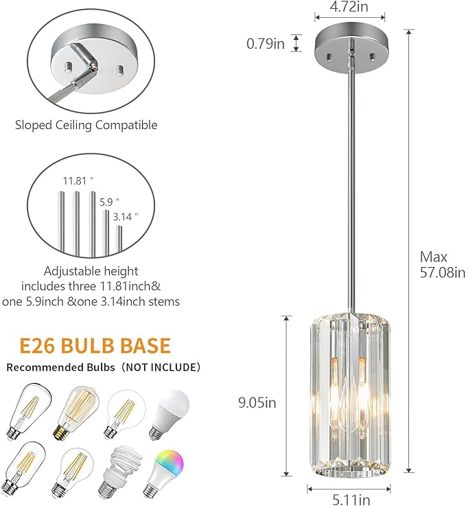 Chrome Pendant Lighting Modern Pendant Light Mini Crystal Chandeliers Adjustable Pendant Light Fixture for Kitchen Island Dinning Room Corridor Bedroom(Chorme 1-Light)