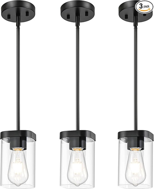 Modern Pendant Light Fixtures 3-Pack, Matte Black Pendant Lights Kitchen Island with Square Transparent Glass, Glass Pendant Light for Dining Room, Bedroom, Living Room, Farmhouse