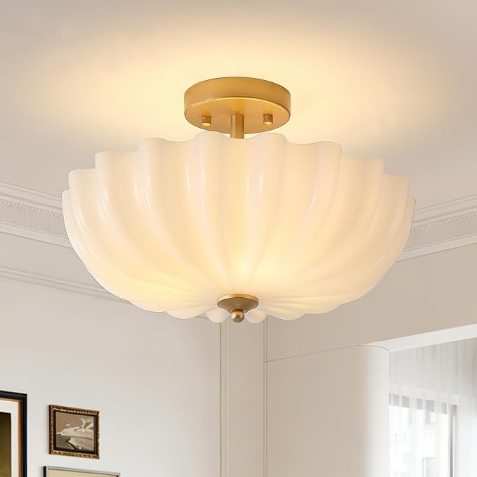 Gold Modern Ceiling Light,15.7" Semi Flush Mount Ceiling Light Fixture with Milky Flower Shade,3-Light Kitchen Lights Ceiling Entryway Light Fixture for Bedroom Hallway Porch