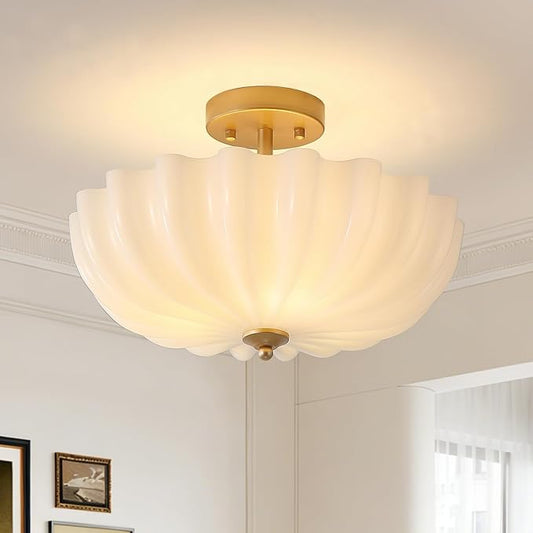 Gold Modern Ceiling Light,15.7" Semi Flush Mount Ceiling Light Fixture with Milky Flower Shade,3-Light Kitchen Lights Ceiling Entryway Light Fixture for Bedroom Hallway Porch